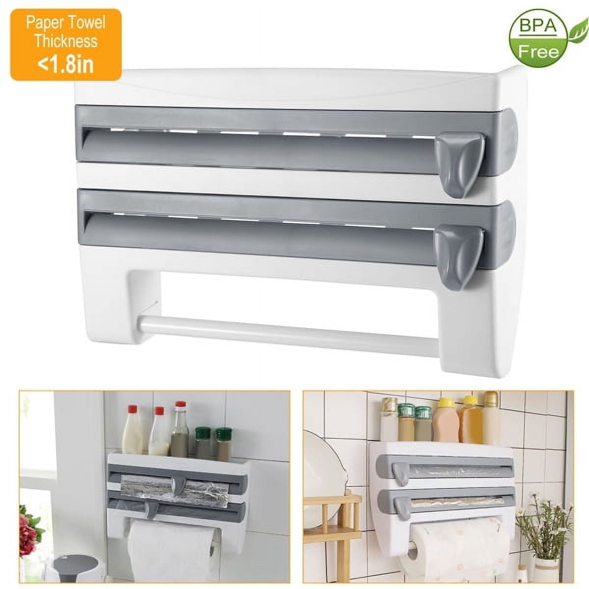 4-in-1 Wall Mount Kitchen Dispenser Rack: Spice Shelf, Paper Towel Holder, Foil/Wrap Cutter - ABS Stainless Steel, 11lb Capacity