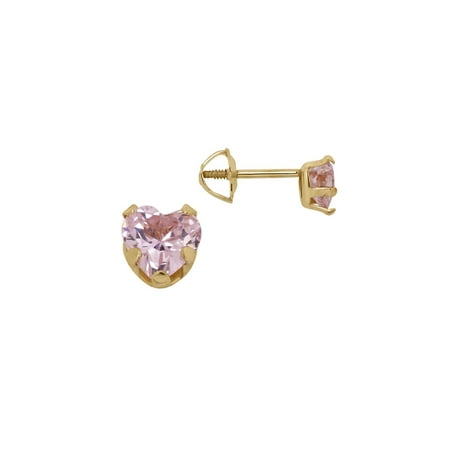 - Girls' Pink Cubic Zirconia and 14K Yellow Gold Heart Stud Earrings