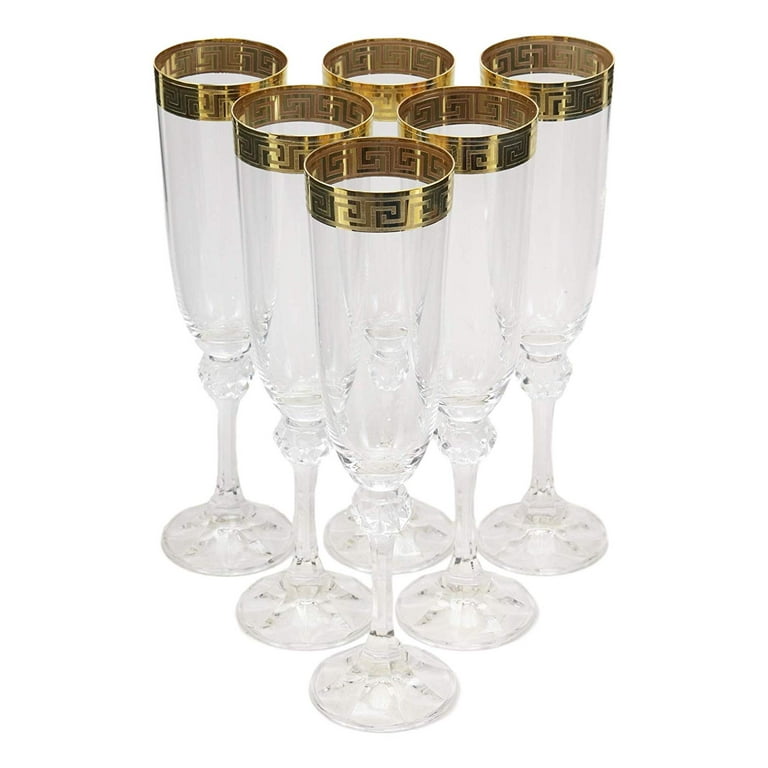 6 (6 oz) Piece Greek Key Gold Champagne Flute w/V Pattern Glass Set –  Natality Kitchen and Gifts