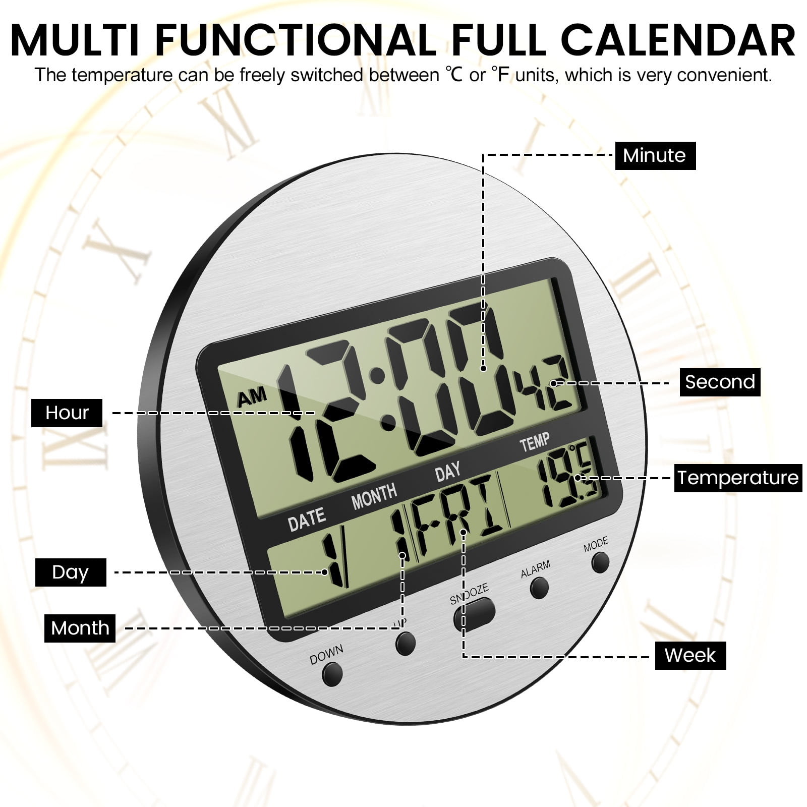 Atomic Digital Wall Clock with Temperature,Seconds,Date and Day of Week - Easy to Read/Set,Auto DST,Aluminum Silver,Round,Wall Mount/Desk Battery Operated