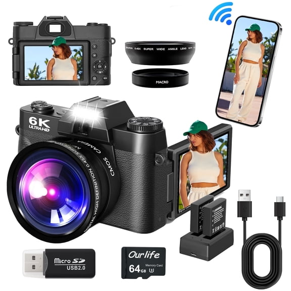 Ourlife 6K Digital Camera for Photography, 64MP Vlogging Camera for YouTube with WiFi, 16X Zoom Autofocus, Wide-Angle & Macro Lens, 64GB Card - Black