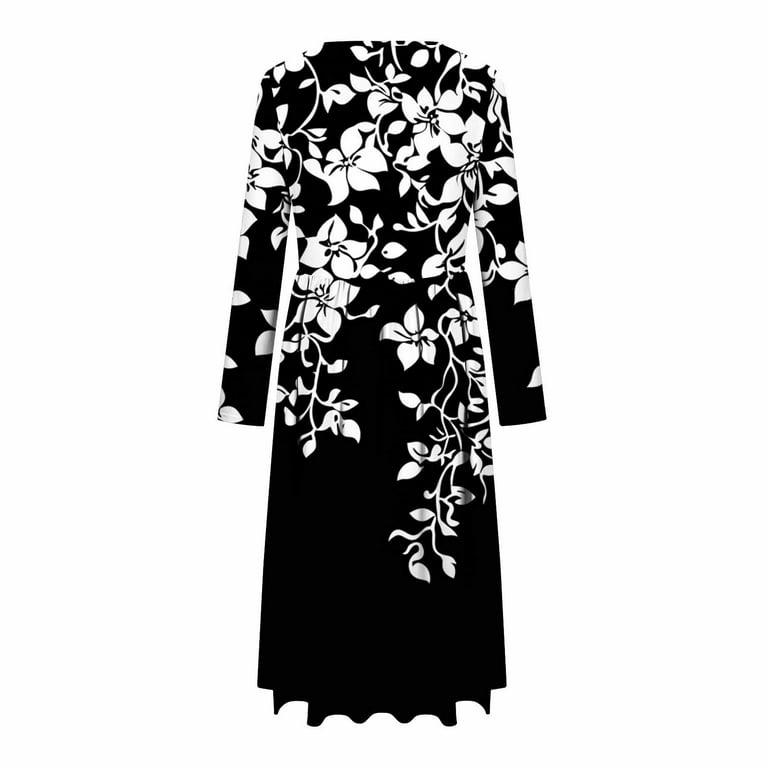 Stamzod Wedding Guest Dresses for Women 2026 Trendy Fashion Floral Print Long Sleeve Midi Dress Summer Flowy Fit and Flare Dress for Women Black F M,