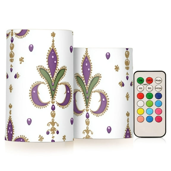 Gorgeous Mardi-gras Floral Patterns Flickering Flameless Candles LED Tealight Battery Operated with Remote Set of 2 Holiday Decor Ornaments