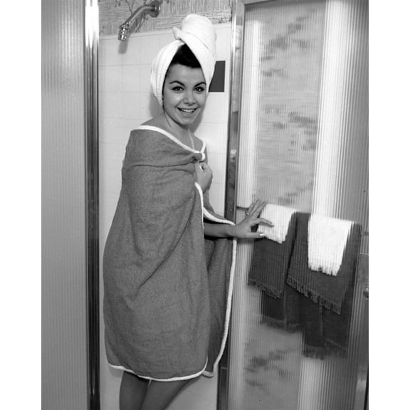 Annette Funicello just gets out of shower wrapped in towel 8x10 inch photo