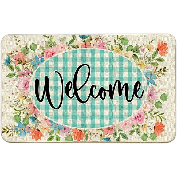 Spring Door Mat, Hello Spring Welcome Mats Outdoor for Front Door, Flowers Blossoms Seasonal Non Slip Farmhouse Doormat Indoor Entryway Floor Rug for Entrance Outside Entry Home Decor 17”x29”