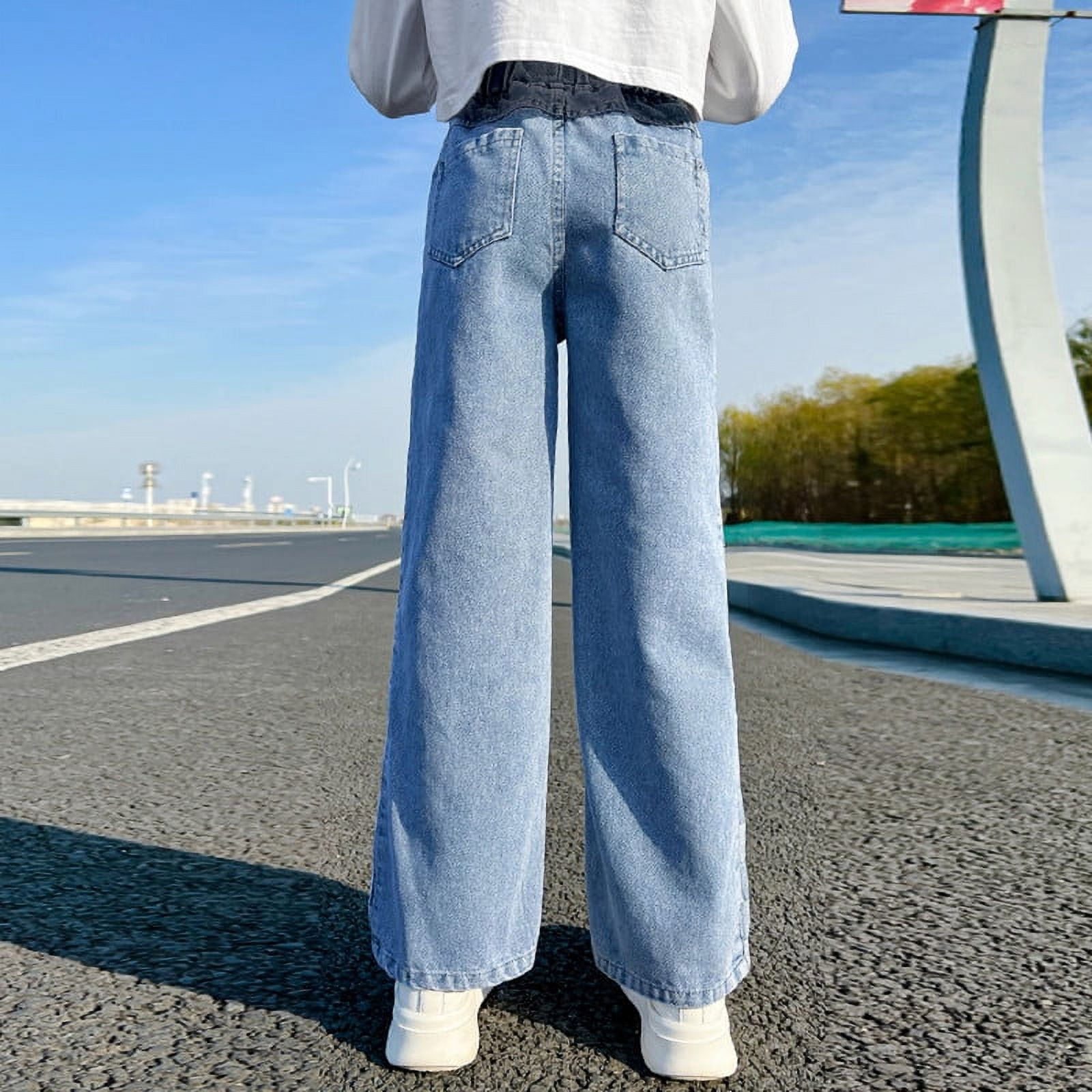 Jeans Larghi Per Ragazze Rolanko - Vita Alta Elasticizzata, Gamba Larga Bootcut, Denim Morbido, Per Età 6-15 Anni