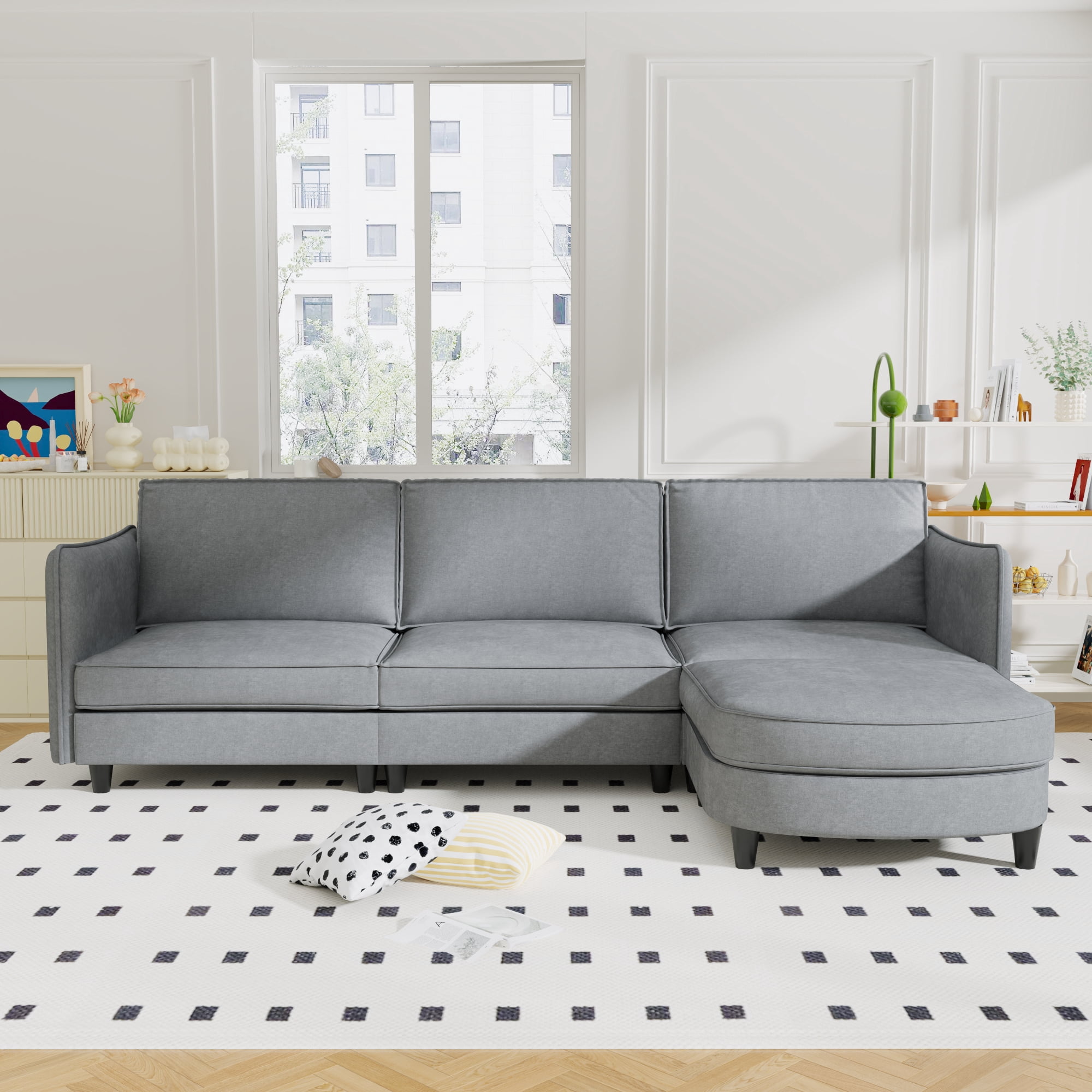 108" L-Shaped Sectional Sofa Couch, Modern Fabric 3 Seat Sofa Couch with Movable Ottoman&Pockets for Living Room, Apartment,Grey