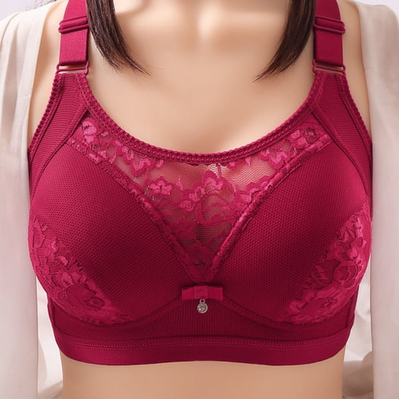 TIMIFIS Red Womens Full Coverage Bras Seamless Mesh Lace Patch Breathable Adjustable Strap Solid Color Push Up Stretchy Comfy Bralettes Lift and Support Wireless Bras