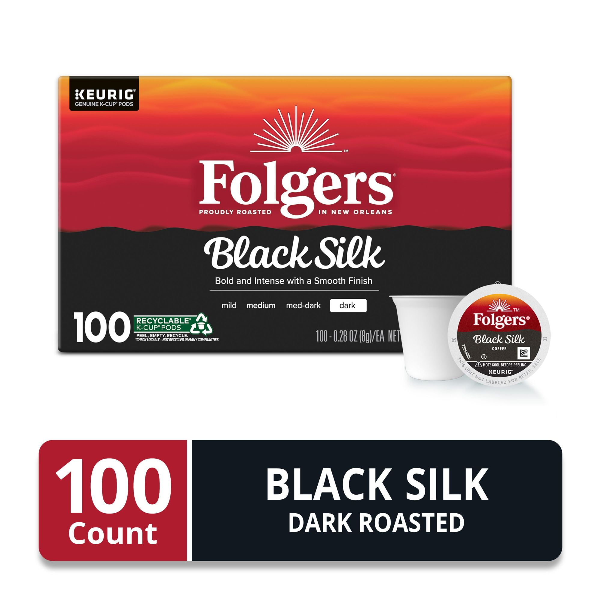 Folgers Black Silk, Dark Roast Coffee, Keurig K-Cup Pods, 100 Count Box