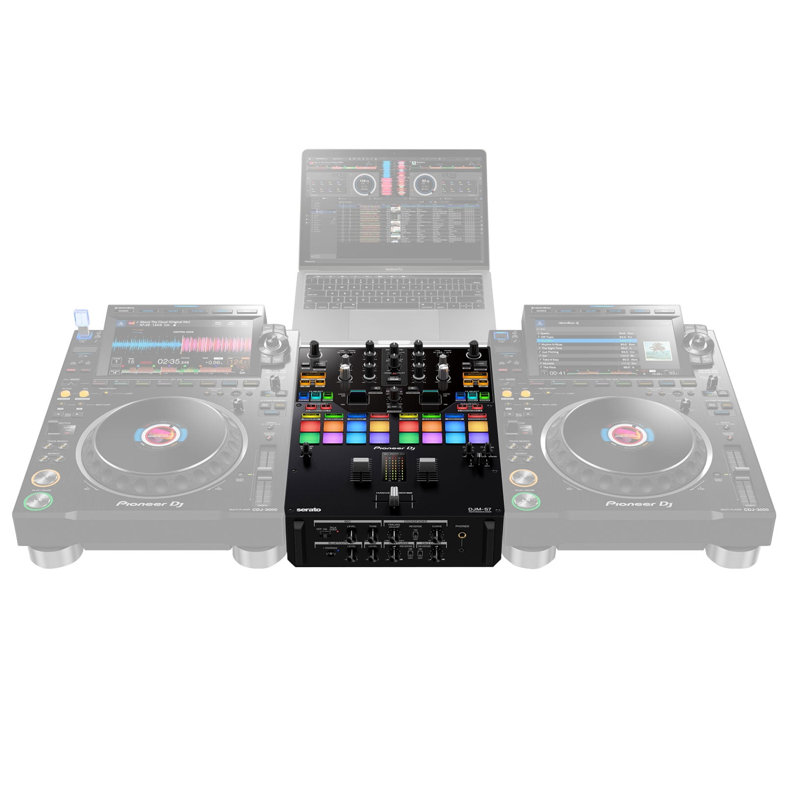 Pioneer DJ DJM-S7 Scratch Style 2 Channel Performance Mixer with Black Over-Ear DJ Headphones Package