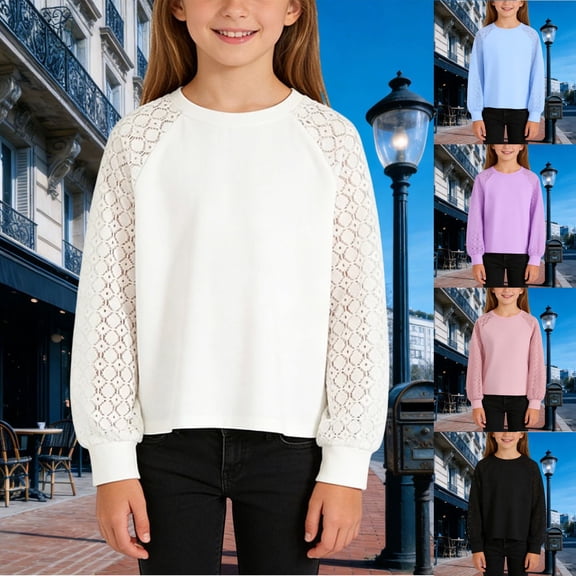 SOFTCCLO Girls T Shirts Long Sleeve Crewneck Solid Color Tops Lace Splicing Loose Casual Stylish Kids T Shirts Size 4-5Y