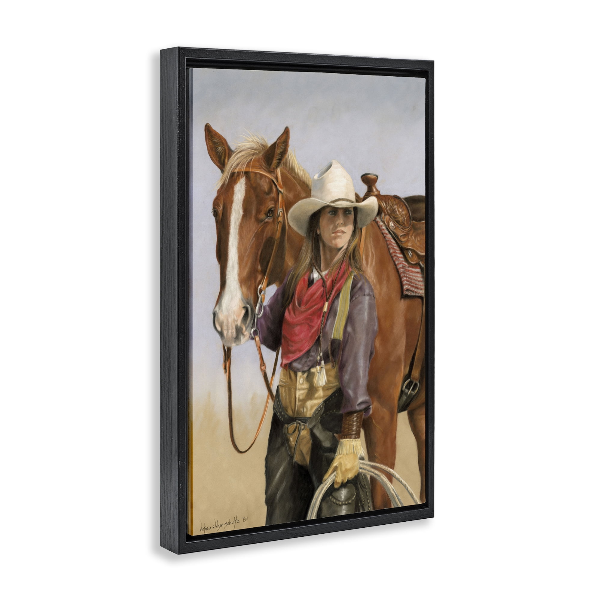 Stupell Industries Powerful Female Cowgirl Animals & Insects Painting Black Floater Framed Canvas Art Print Wall Art, 17 x 25