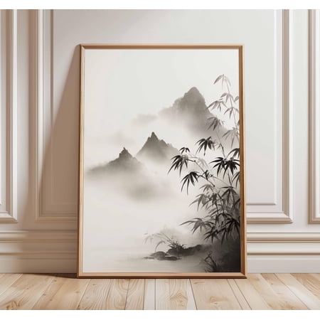 Japanese Mountain Mist Poster Zen Landscape Art Print Black and White Wall Art Minimalist Nature Decor Traditional Ink Wash Painting