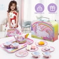 thumbnail image 6 of Joyfy Unicorn Tea Party Set for Girls, Pretend Tin Teapot Set with Teapot, Cups, Plates, Carrying Case, Princess Tea Time Play Kitchen for Christmas Birthday Gift, 6 of 9