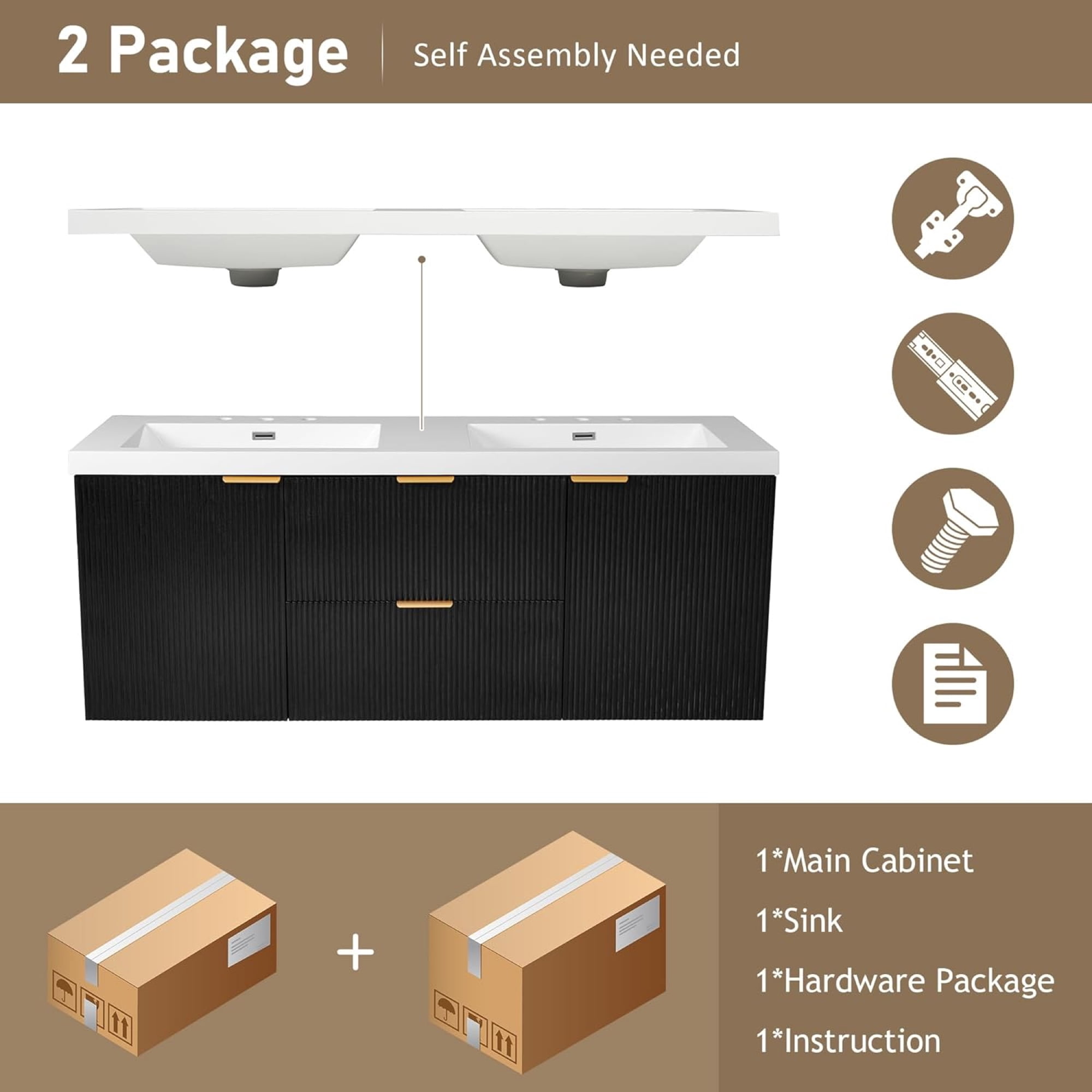 60" Bathroom Vanity with Sink Combo, Floating Double Sink Bathroom Vanity with 4 Drawer, MDF Storage Cabinet with SMC Resin Top, Wall-Mounted Bathroom Vanities (60''-Black)