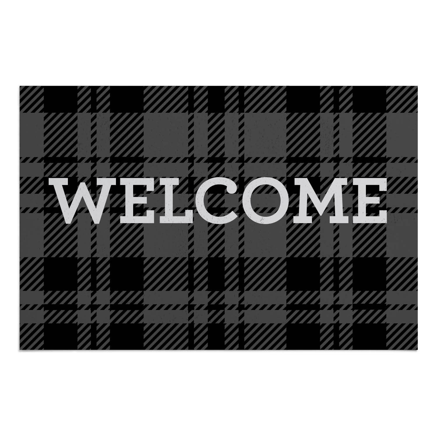 Personalized Planet 27x18 Black and Gray Plaid Welcome Doormat with Custom Family Name Printed on Rectangular 1/4” Thick Non Slip Mat for Kitchen Hallway Deck or Porch