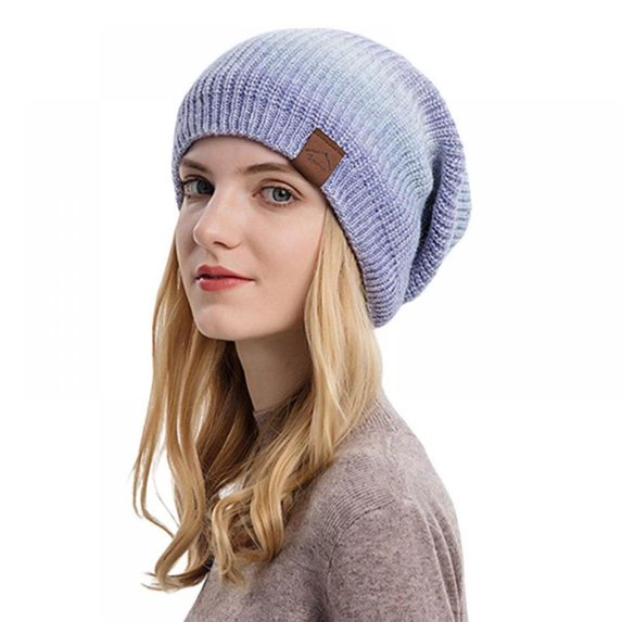 Women Beanie Winter Knit Warm Hat Gradient Color Tie-dye Woolen Yarn Cap Fleece Lined Leisure Hat
