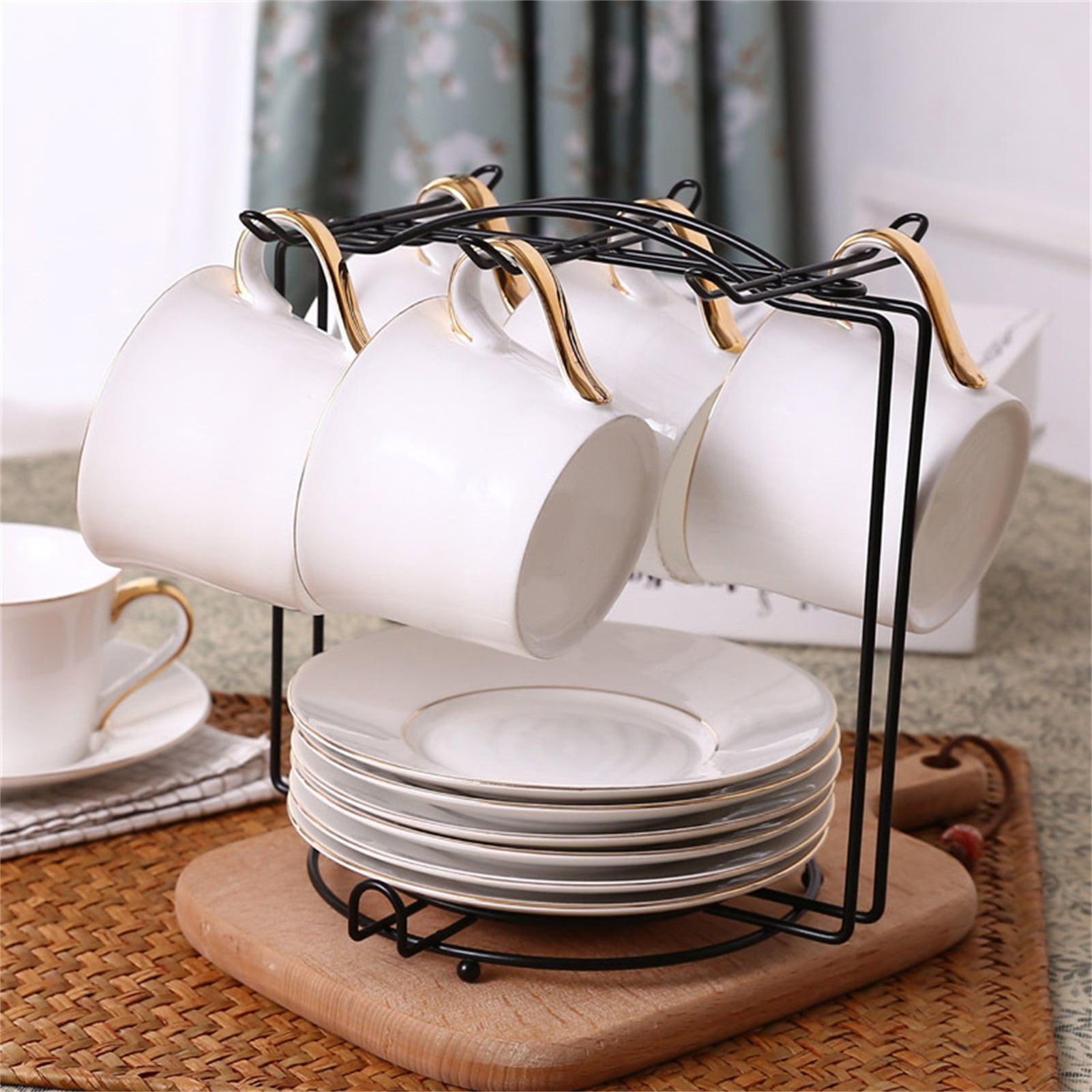 Qianha Mall Cup Rack Space-saving Double Layer 6 Claws Wooden Coffee Mug  Tree Counter Organizer Household Supplies 