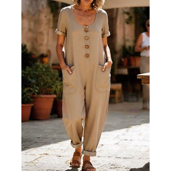 Pounoo Womens Jumpsuits Button Front Pocket Detail Relaxed Fit Overalls Daily Vacation Breathable Bottoms