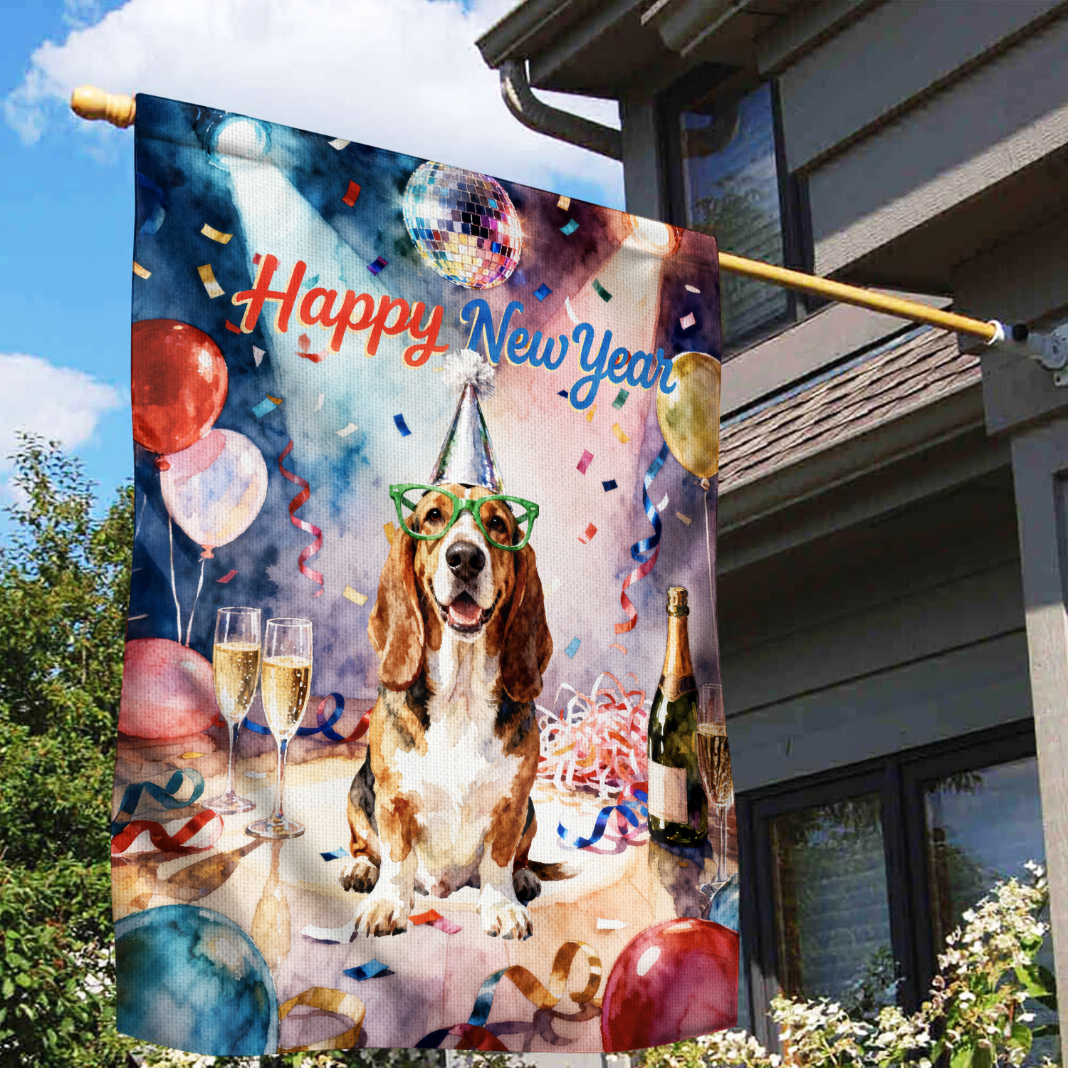 Happy New Year Basset Hound Chills on Year-End Party House Flag 28x40in Double Sided Bassets Dog Breed Lovers Gifts Idea Outdoor Decor - 12023