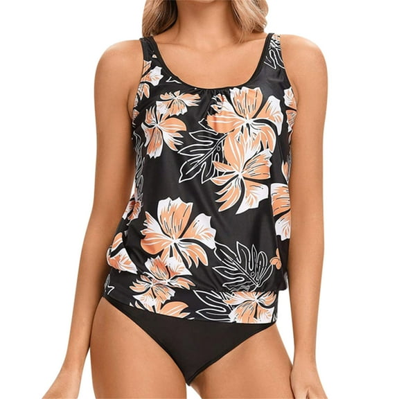 VBVC Womens Conservative Print Swimwear Bikini Split Swimsuit Set Tummy Control Tankini with Mid Waist Briefs