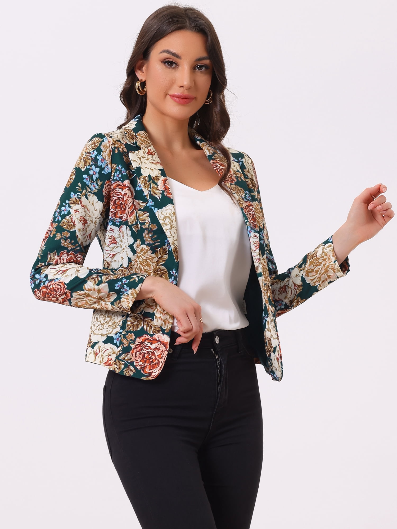 DARING DIVA Women's Elegant Notched Lapel Floral Print Blazer L Dark Green-Floral