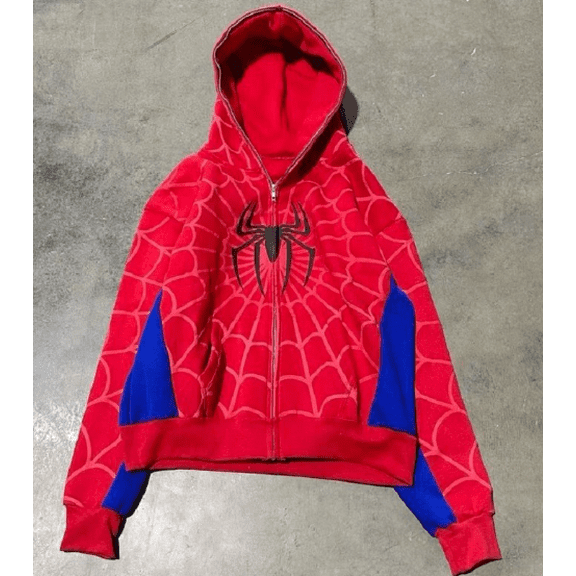 Spider-themed hooded zip-up sweatshirt jacket. Multi-colored trendy streetwear top.