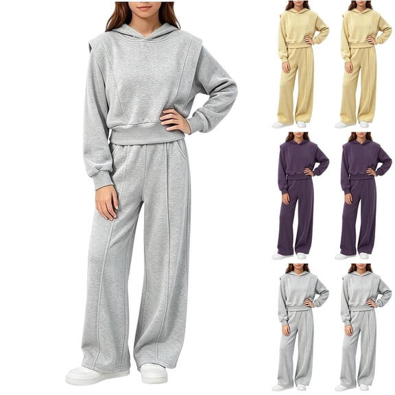 ITSAME Girls 2-Piece Outfits Hooded Pullover Sweatshirt and Wide Leg Sweatpants Set Casual Loose Tracksuit Fall Clothing Purple Size 6