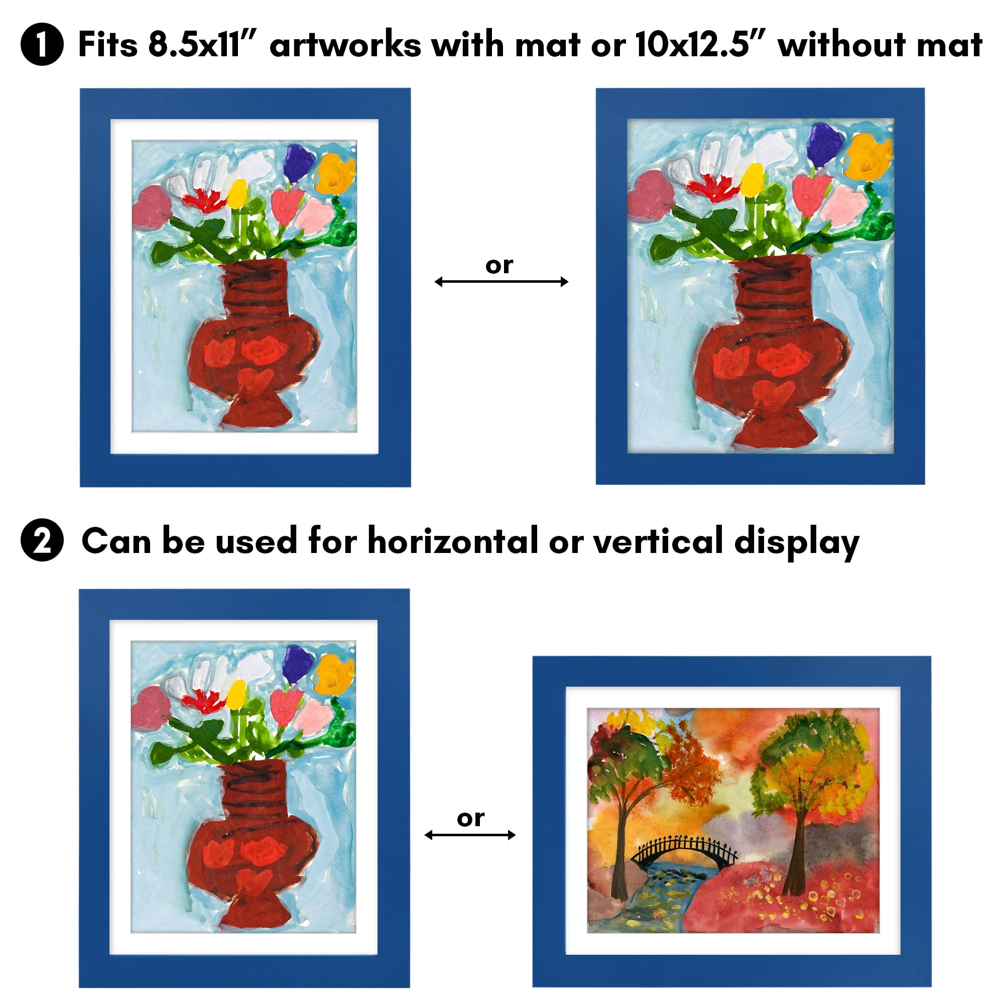 Americanflat 10x12.5 Kids Art Frame with 8.5x11 Mat Holds 100 Art Pieces Sapphire Magnetic Letter Size Mini - Blue