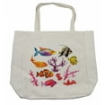 thumbnail image 1 of Ocean Shopping Bag, Illustration of Exotic Fish Seaweed Coral Algae and Jellyfish Oceanic Wild Life, Eco-Friendly Reusable Bag for Groceries Beach and More, 15.5" X 14.5", Cream, by Ambesonne, 1 of 2