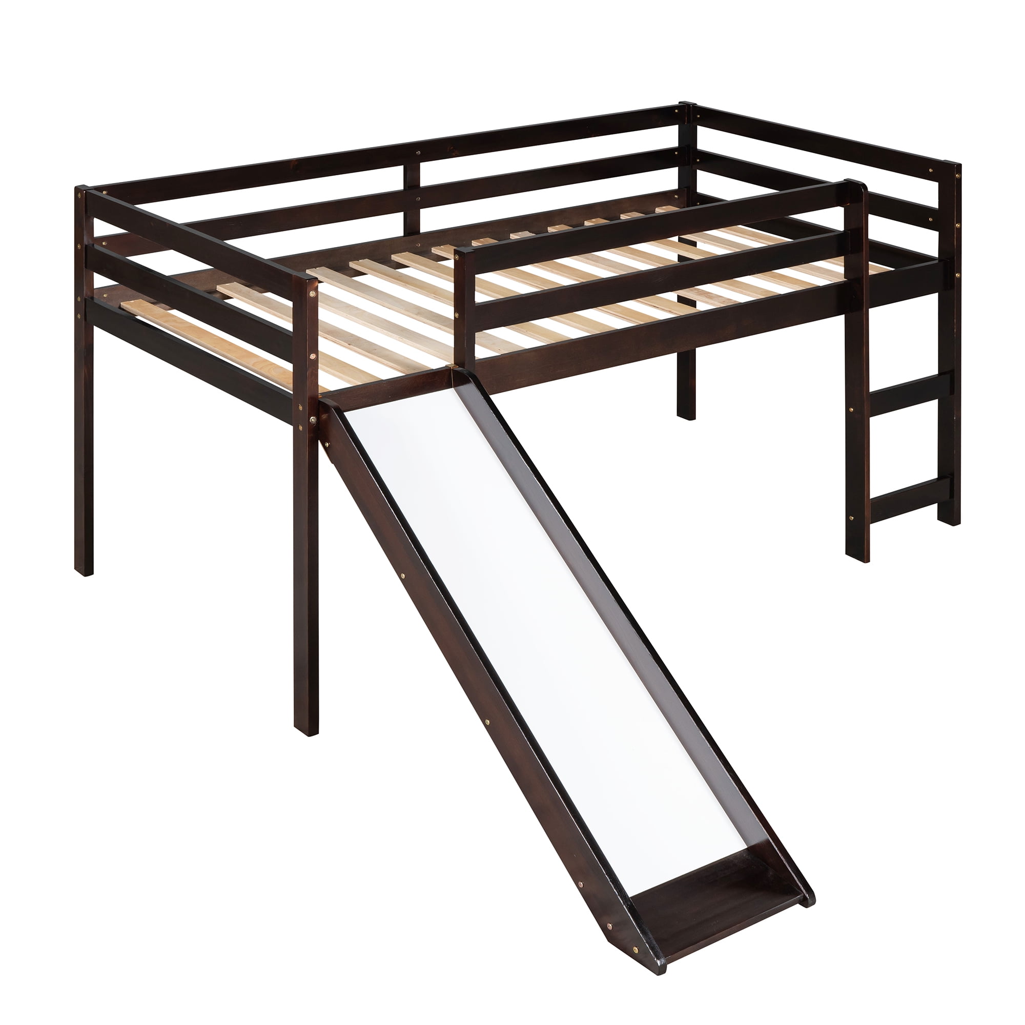 Aukfa Low Loft Bed with Slide, Wooden Twin Loft Bed for Kids Teens - Espresso