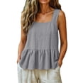 thumbnail image 4 of Helii Women's Square Neck Ruffle Hem Linen Tank Top – 20% Linen 80% Cotton Babydoll Crop Top, Loose Fit Breathable Summer Vest, Casual Sleeveless Top for Women Grey,L, 4 of 7