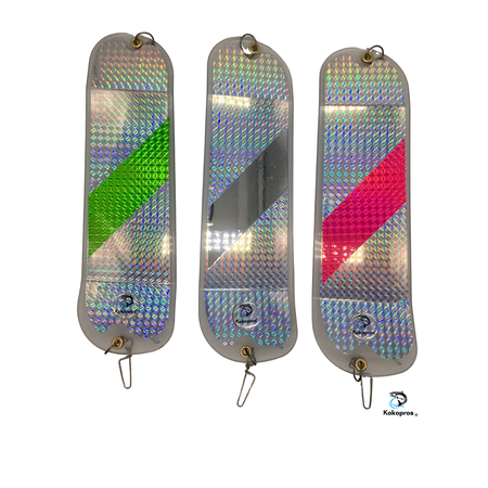 KOKOPROS® 11 Inch Salmon Flashers 3 Pk Silver, Hot Pink Chrome and Green Stripe