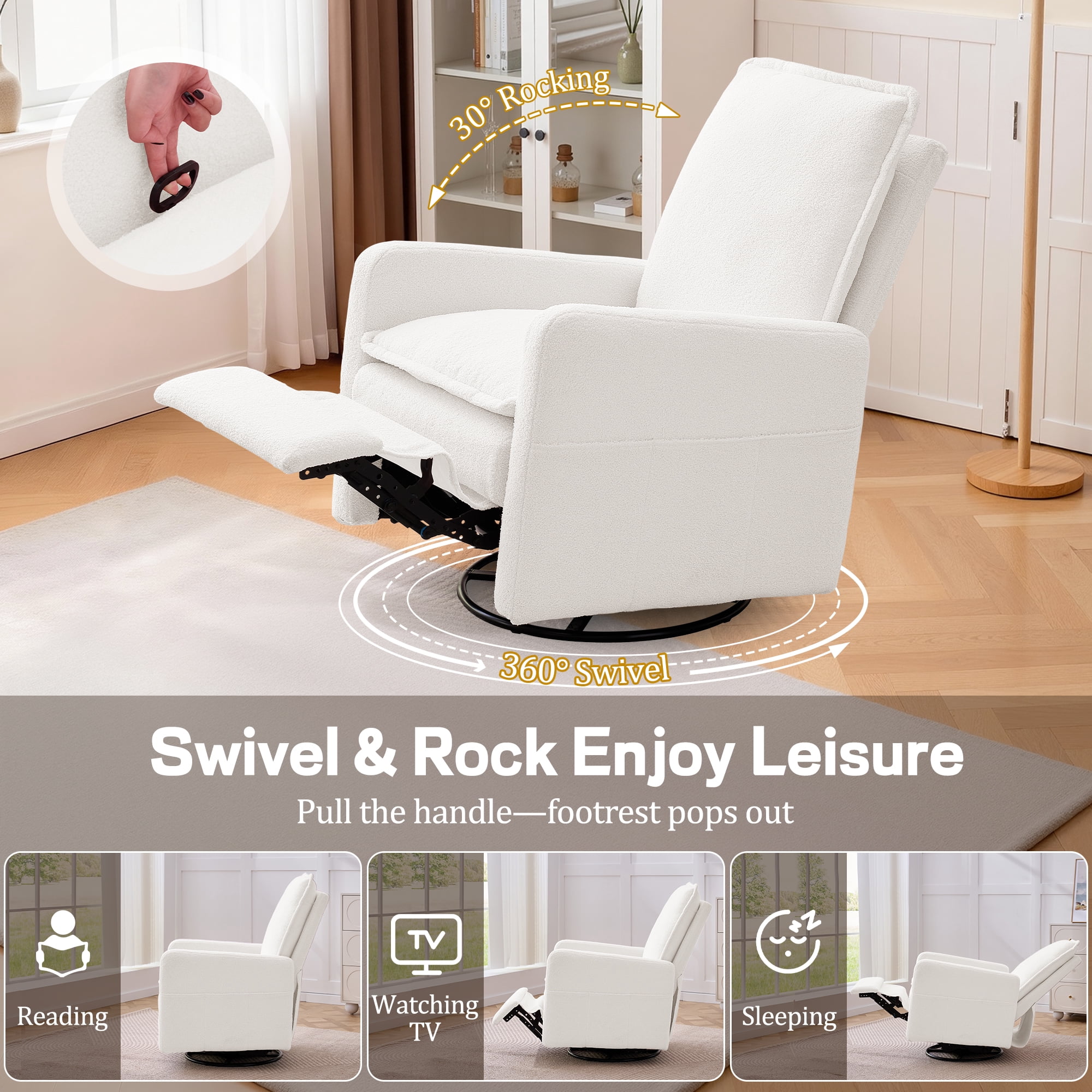 Korser Manual Swivel Rocker Recliner Chair with Side Pockets Nursery Glider Recliner for Living Room, Nursery, Beige