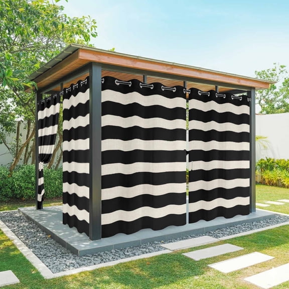 White Black Striped Outdoor Curtains for Patio, Simple Stripes Linen Texture Vintage Waterproof Outside Curtains Privacy Blackout Curtain for Porch Pergola Cabana, 2 Panel 54W x 108L Inch