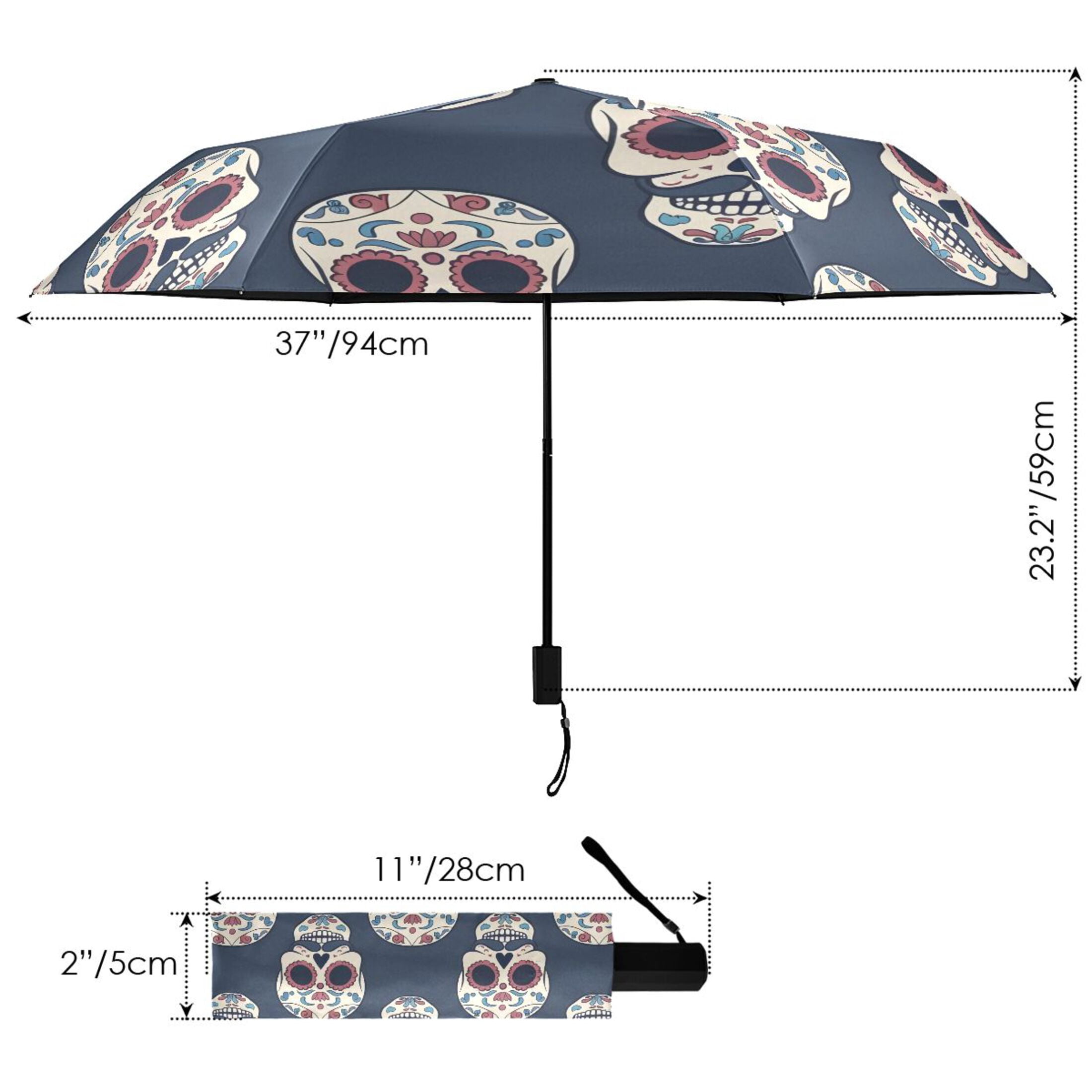 Skull with Mustache Compact Sun Umbrella Windproof Travel Umbrellas for Rain Strong Portable UV Protection
