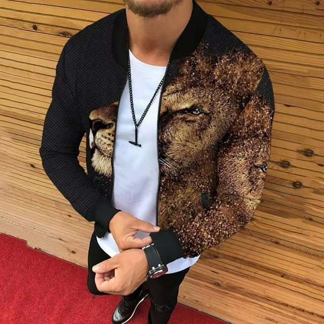 Dvkptbk Men's Spring Fall Jacket Casual Small Stand-up Collar Jacket Printed Zipper Jacket Long-sleeved Lightweight Jacket