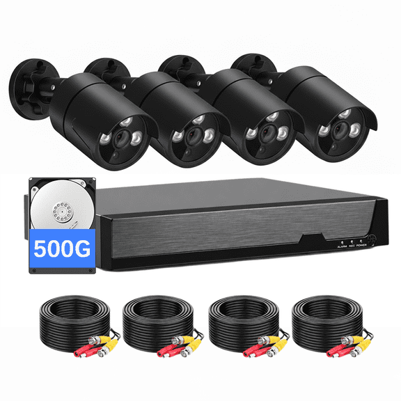 Wired Security Camera System Outdoor, 4CH Lite AHD DVR with 500G Hard Drive, 4 x 2MP Wired CCTV Indoor/Outdoor Waterproof Camera,Surveillance DVR Kit with AI Human/Vehicle Detection, Night Vision
