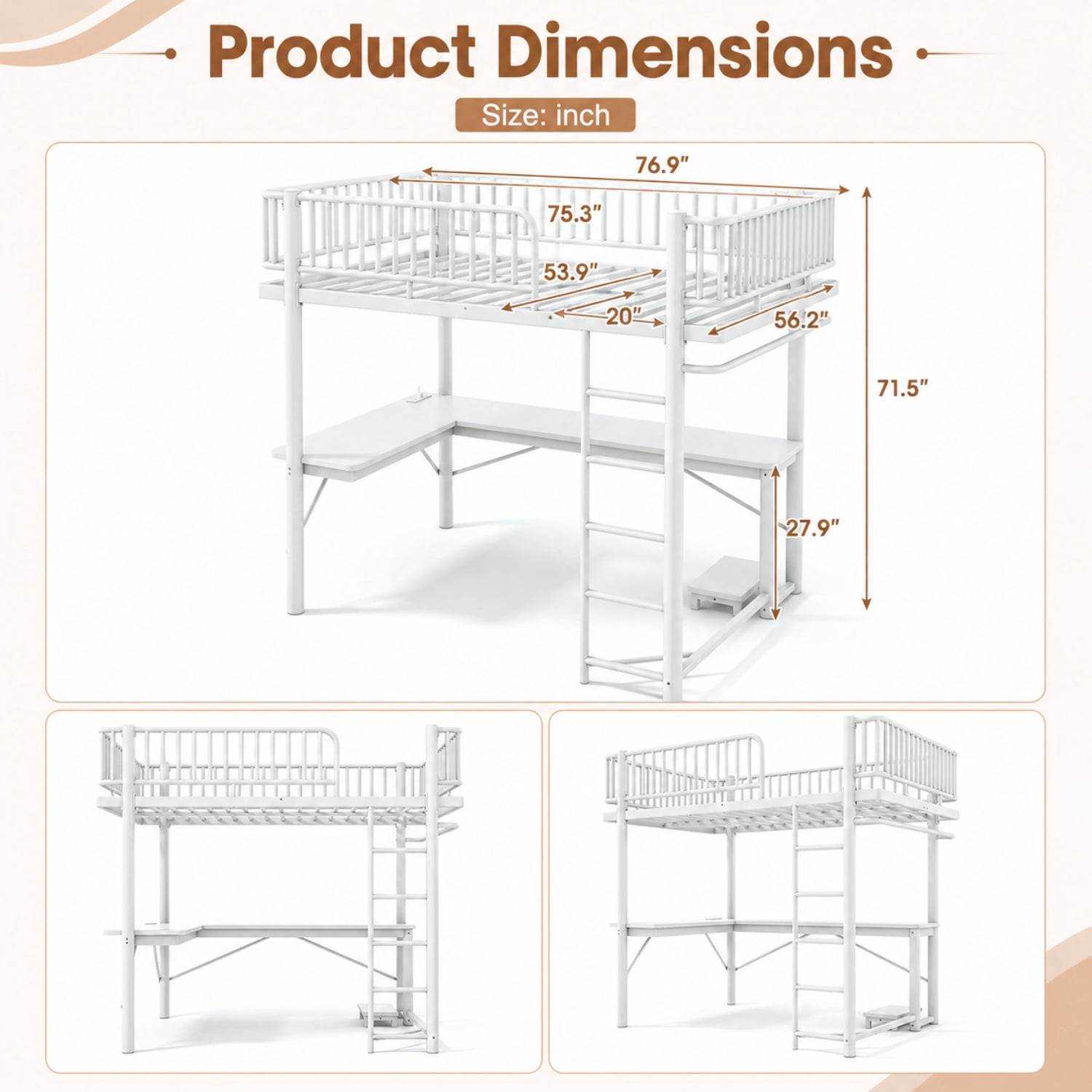 Miniyam Full Metal Loft Bed with L-Shaped Desk, LED Light Strip, Charging Station and PC Tower Tray, White