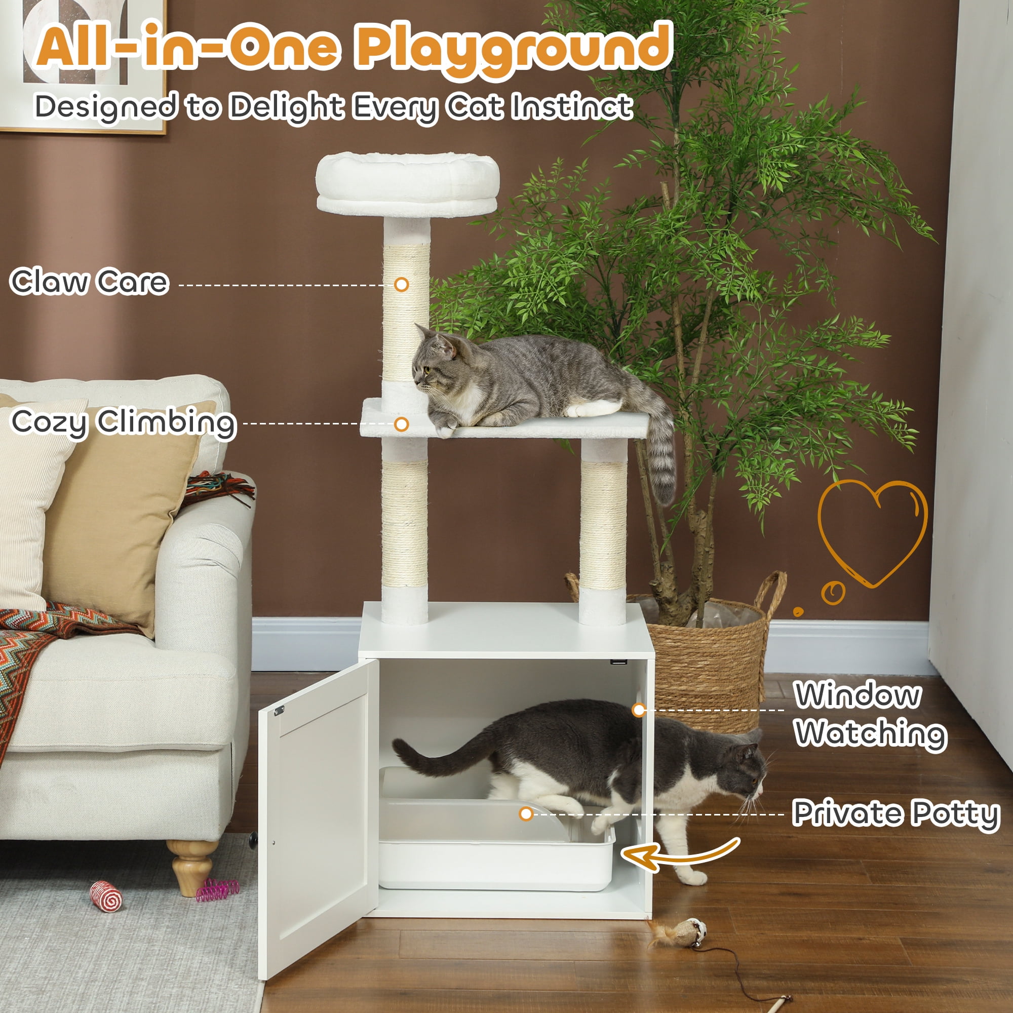 ZephyPaws Cat Tree with Litter Box Enclosure,2-in-1 Modern Cat Tower,50in Tall Cat Condo with Scratching Posts,Perch,White