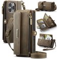 thumbnail image 1 of Funda tipo cartera para iPhone 16 Pro Max, de piel sintética con bloqueo RFID, con función atril, correa para la muñeca, cremallera, ranura para tarjetas de crédito, para hombre y mujer, 1 of 10