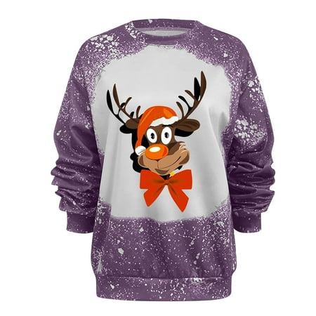 

KaLI_store Christmas Scrub Tops Women Women Christmas Graphic Sweatshirt Casual Round Neck Pullover Loose Shirt Lightweight Tops Hoodie Dresses Teen Girls Purple