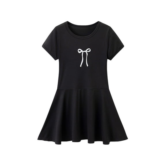SONXAHE Dress for Toddler Girl Short Sleeve Round Neck Pleated Dresses Solid Summer Soft Leisure Swing Dress Black