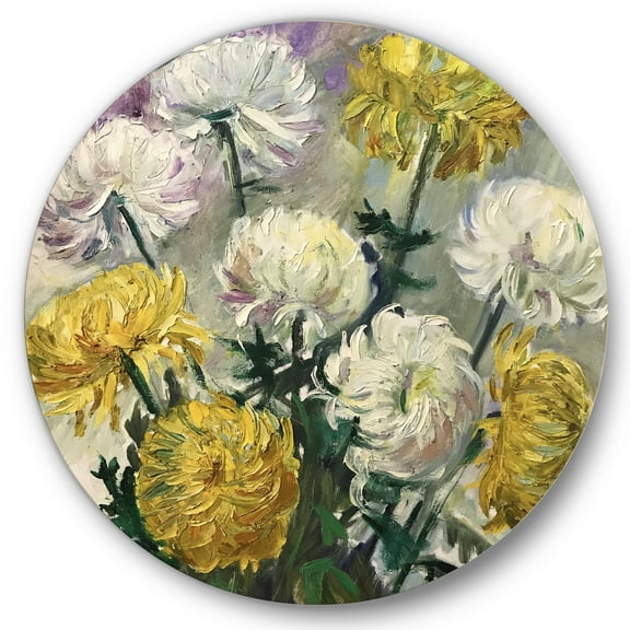 Designart 'Golden and White Daisies' Traditional Circle Metal Wall Art 36x36 - Disc of 36