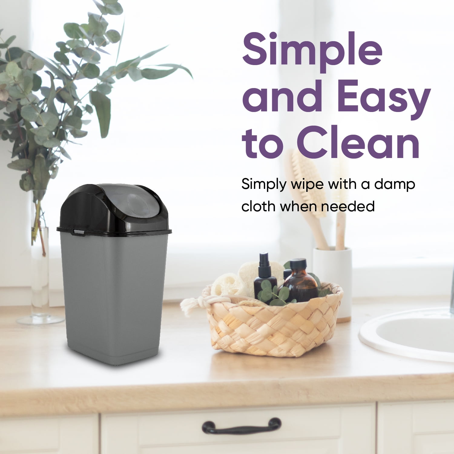 SUBEKYU Small Hanging Kitchen Trash Can, Collapsible Mini Garbage Bin for Cabinet/Car/Bedroom/Bathroom, Plastic, Grey, 2.4 Gallon