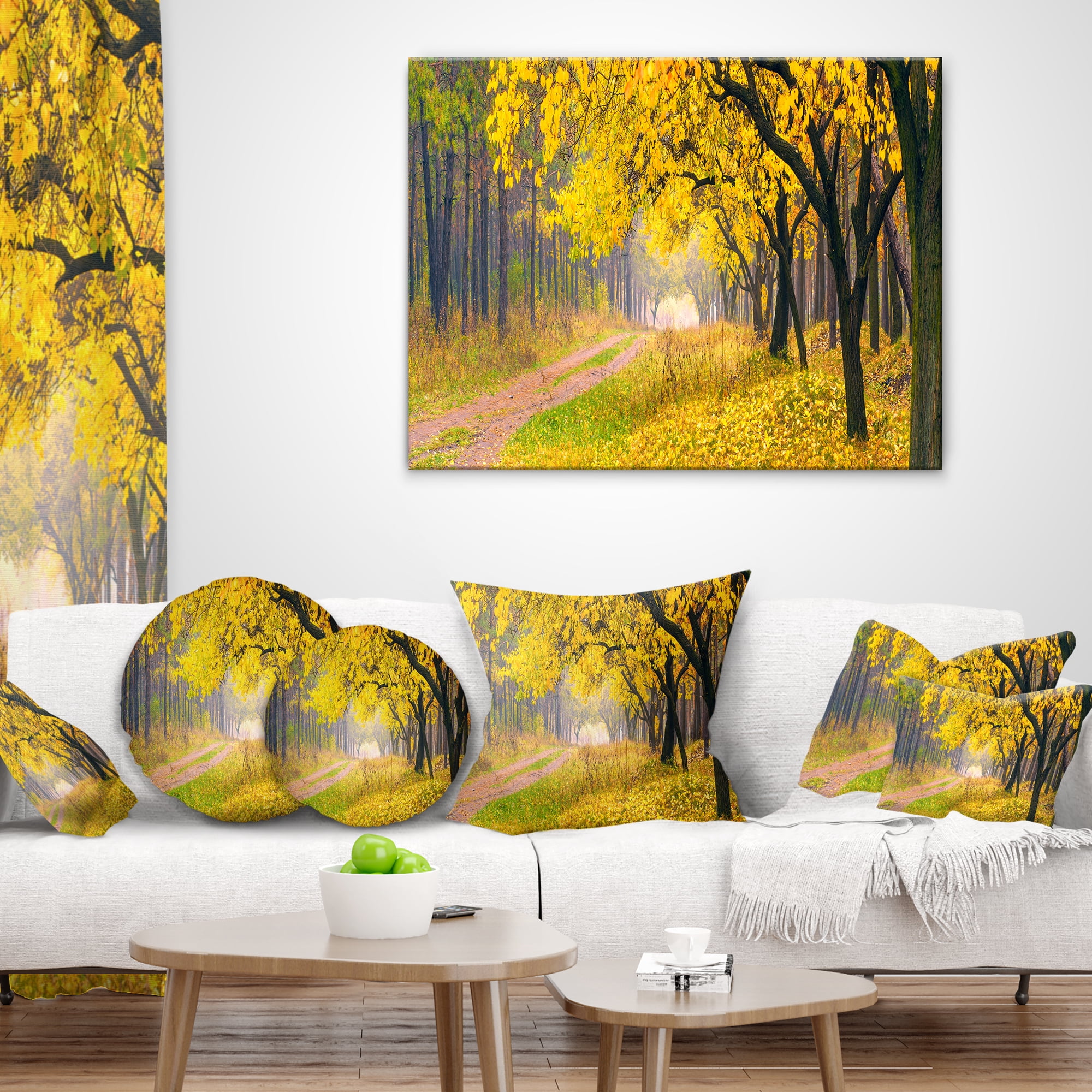 Designart Bright Yellow Autumn Forest - Landscape Photo Throw Pillow - 16x16