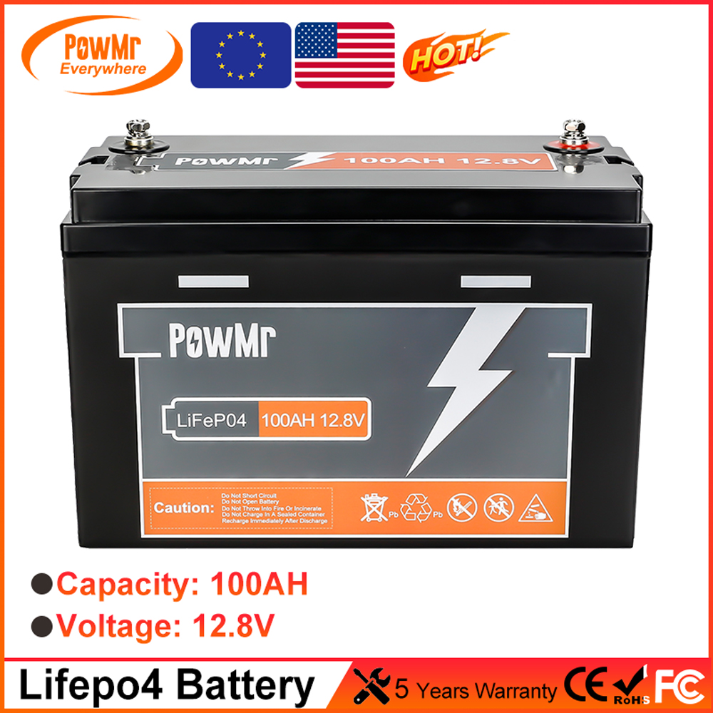PowMr 100AH 150AH 200AH 300AH Lifepo4 Battery 12.8V 25.6V Support 4 Units in Series With BMS ≥ 4000+ Cycle Time IP65 EU USA