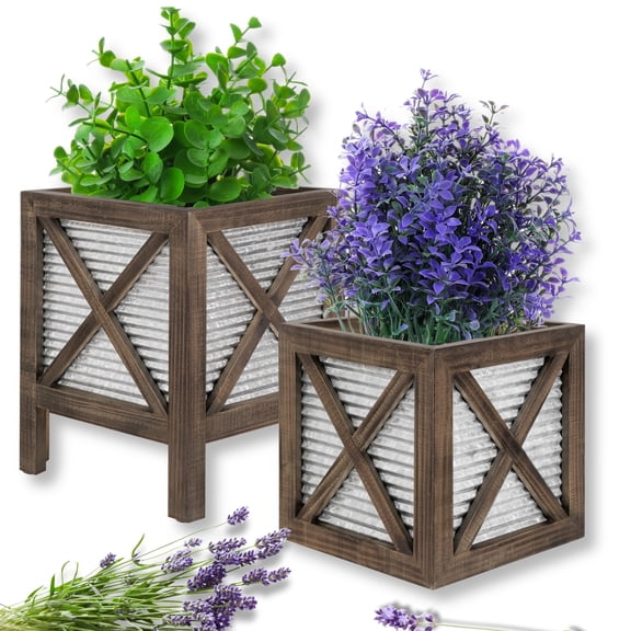 Autumn Alley Indoor Rustic Farmhouse Planter Set, 2 Pc. Wood & Galvanized Flower Pots, Home Decor