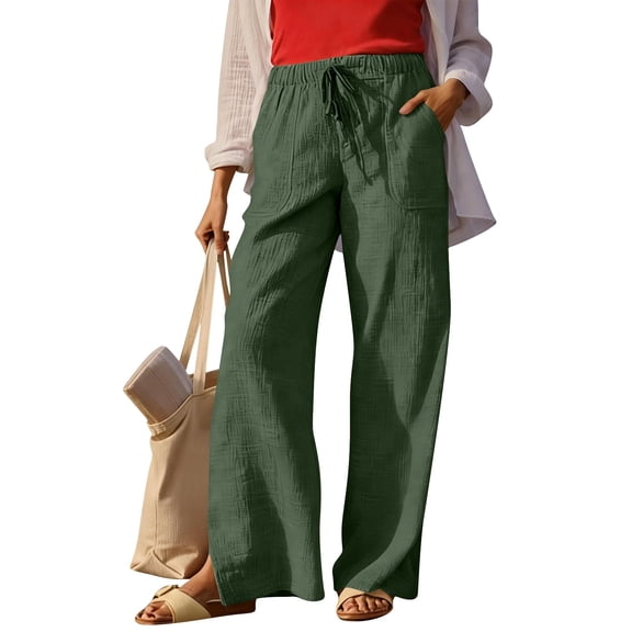 BRGZLK Pants For Women Summer High Waisted Casual Breathable Pocket Pants Beach Vacation Drawstring Wide Leg Linen Pant Spring Loose Flowy Cruise Clothes