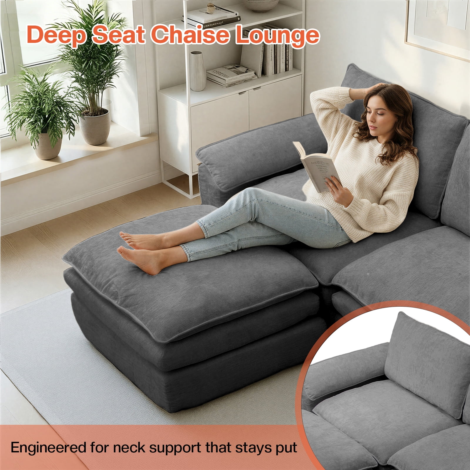 Kelyda 116'' Cloud Sectional Couches L Shaped, Modern Convertible Modular Cloud Chenille Sofa for Living Room Grey